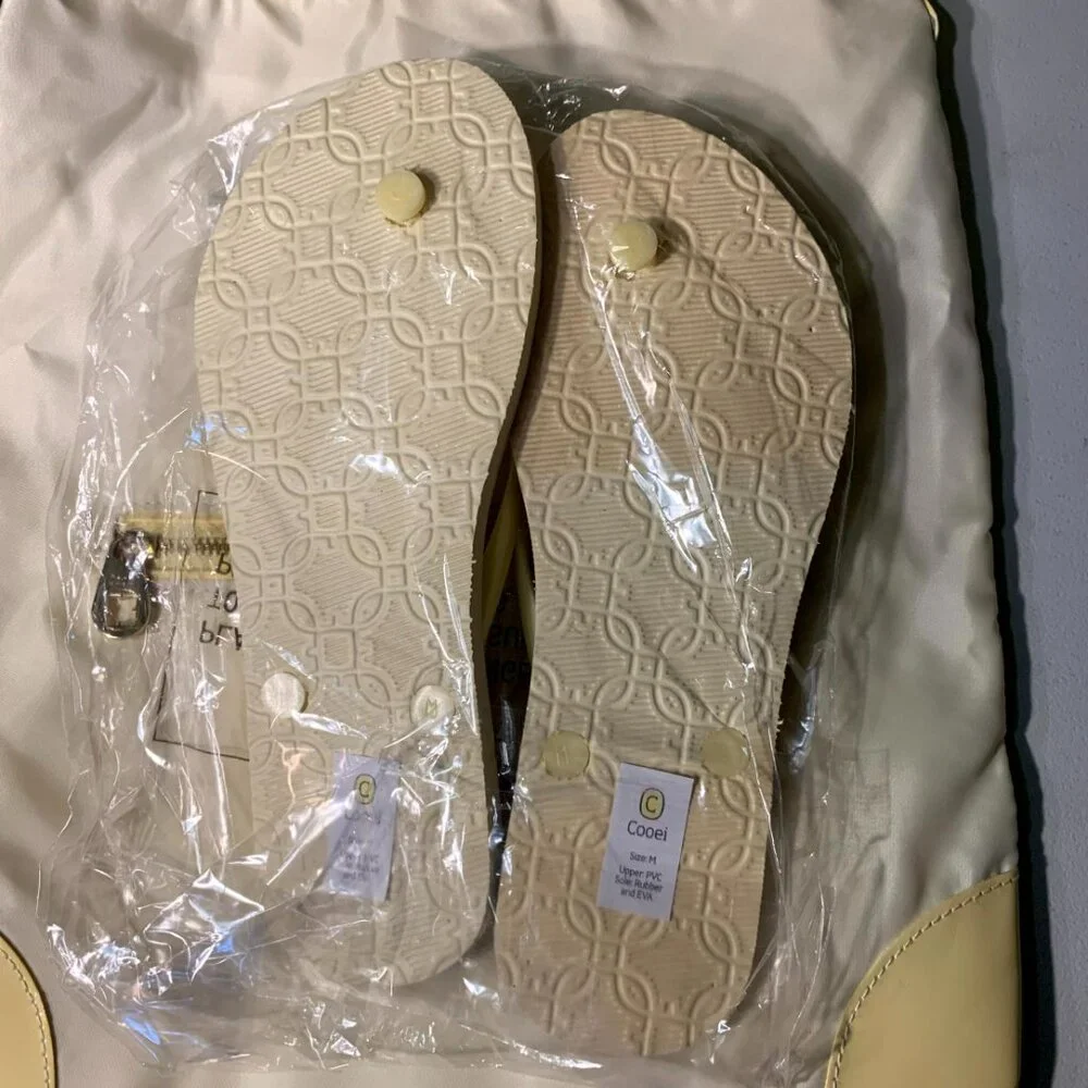 $5 or 4/$10: Cooei Pale Yellow Folding Nylon Bag and flip flops set NWT